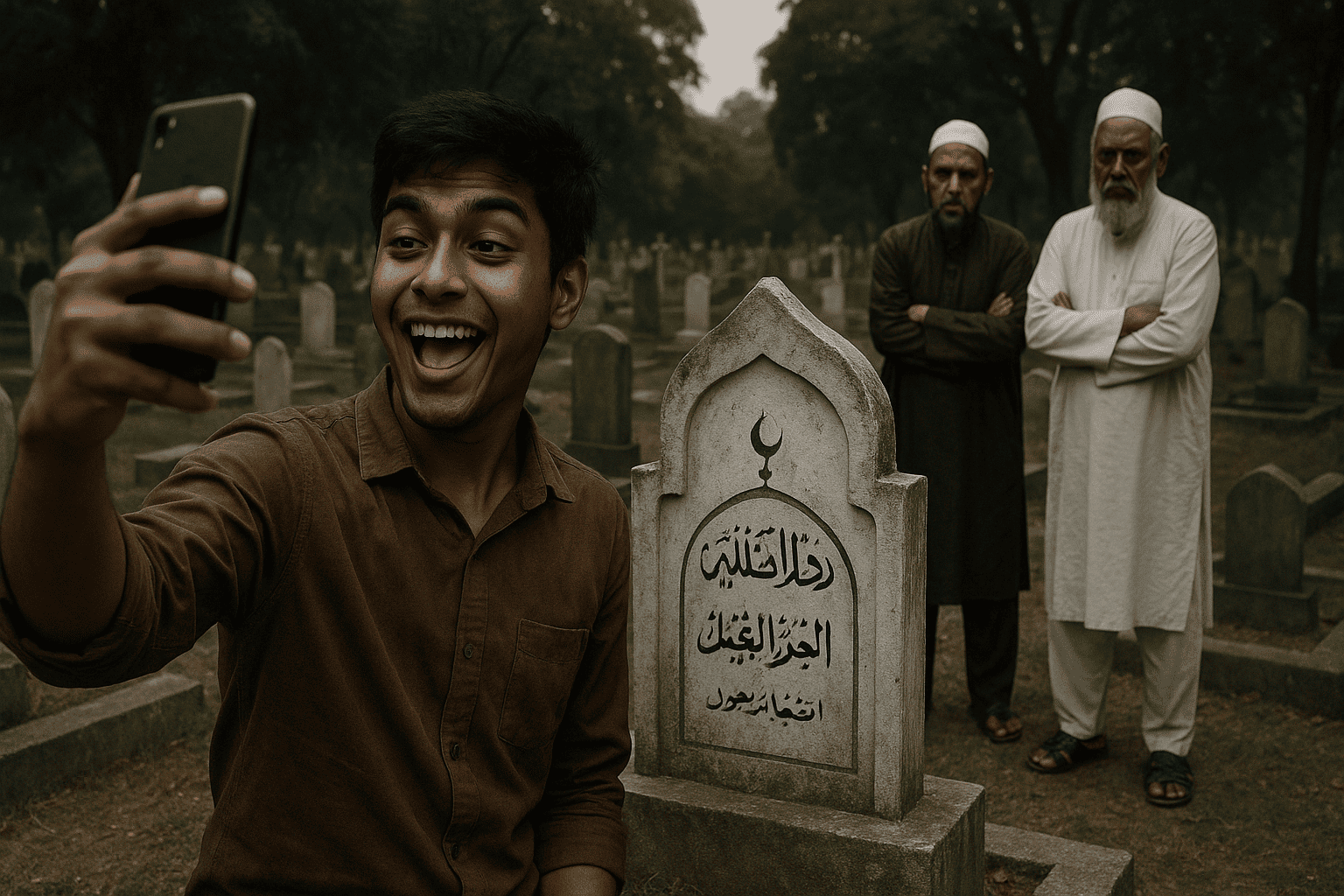 কবরে গিয়ে সেলফি!  ইসলামপন্থীরা ক্ষুব্ধ